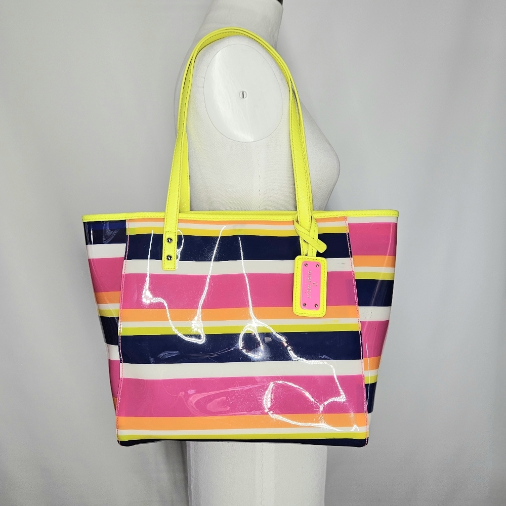 Nine West 11x11x5.5" Tote Bag Plastic Double Handles Rainbow Striped Pink Yellow